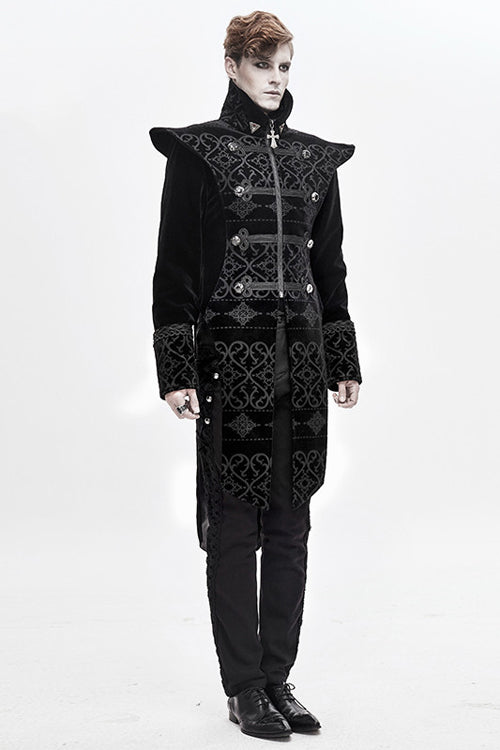 Black High Collar Chinese Palace Floral Pattern Velvet Long Mens Gothic Coat - Product - 2