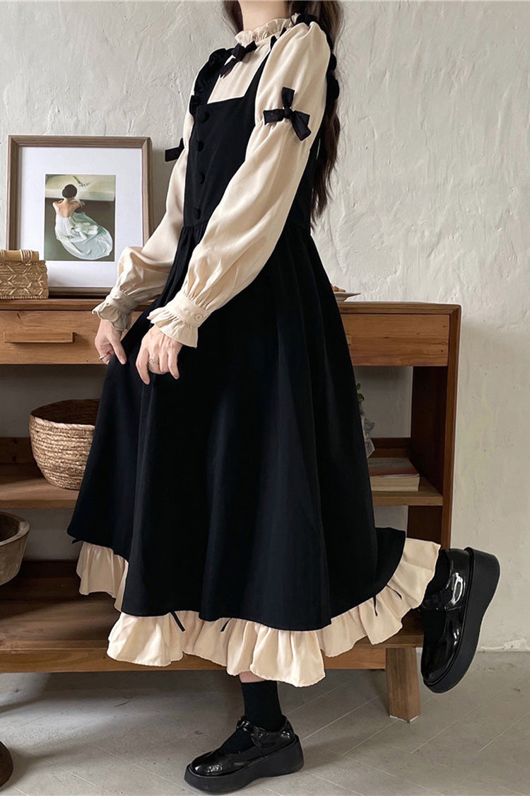 Black/Apricot Japanese Long Puff Sleeves Ruffle Bowknot Sweet Lolita Dress 2 Colors - Product - 9