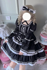 Black Triple-Layered Detachable Sleeves Bowknot Lace-Up Gothic Lolita Dress - Product - 3