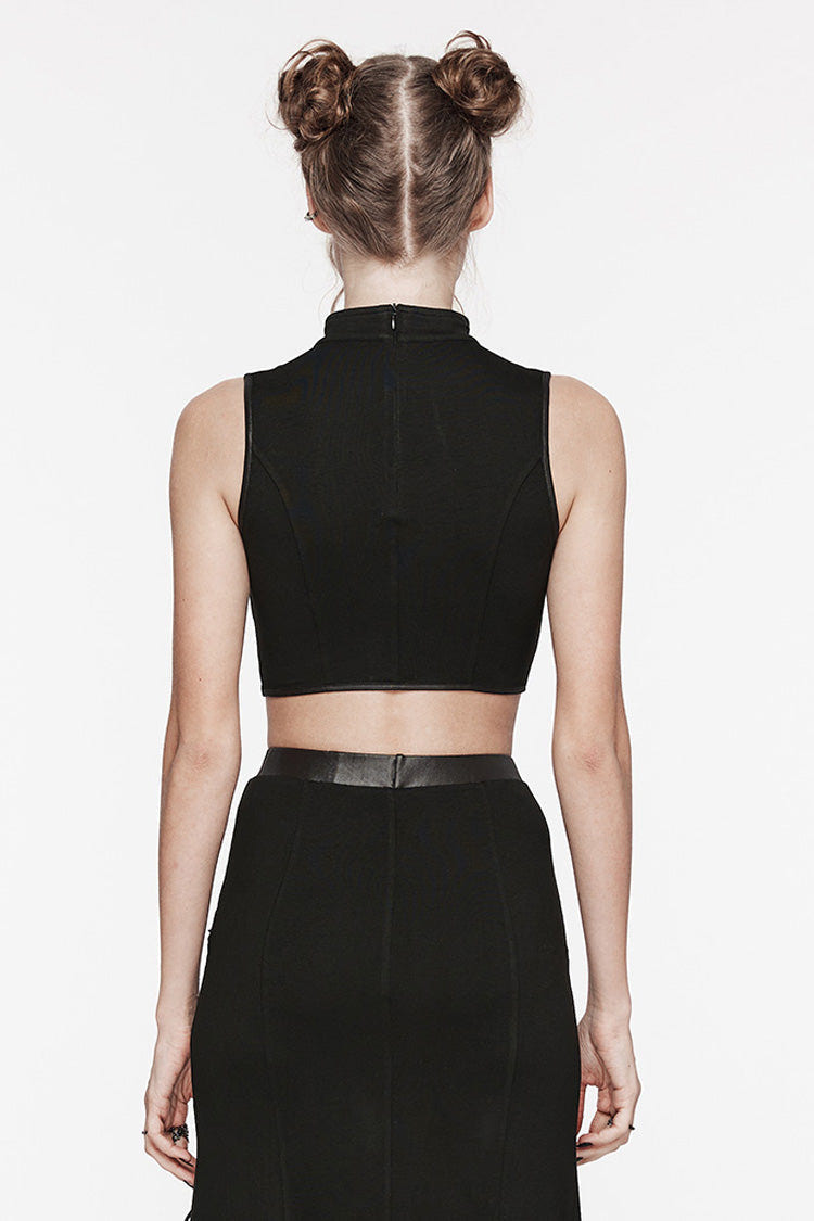 Black Stand Collar Sleeveless Stitching Lace-Up Ripped Women's Punk Tank Top - Product - 3