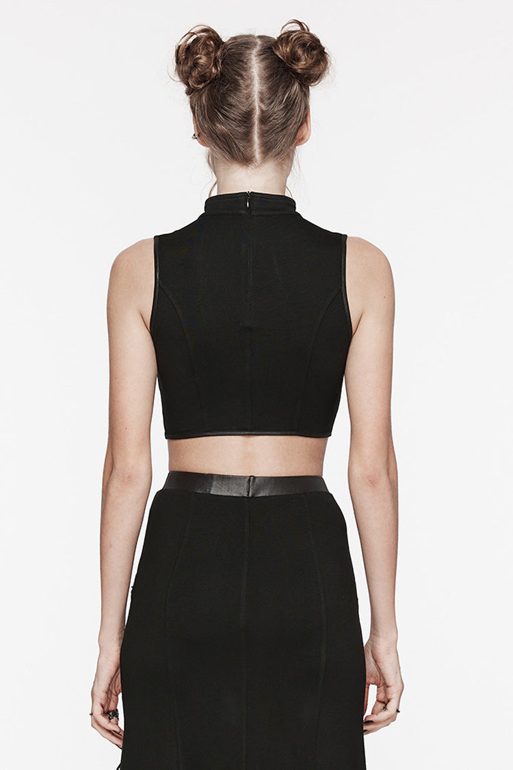 Black Stand Collar Sleeveless Stitching Lace-Up Ripped Women's Punk Tank Top - Product - 3