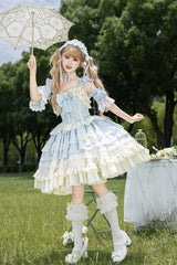 [Icy Blue Milky Wave] Square Collar Multi-Layered Printed Ruffled Bow Lace Sweet Lolita Dress Set - Product - 5