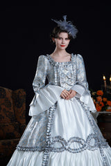 Blue Square Collar Long Trumpet Sleeves Double-Layered Ruffled Embroidered Open-Front Bow Classic Vintage Palace Lolita Victorian Dress - Product - 8