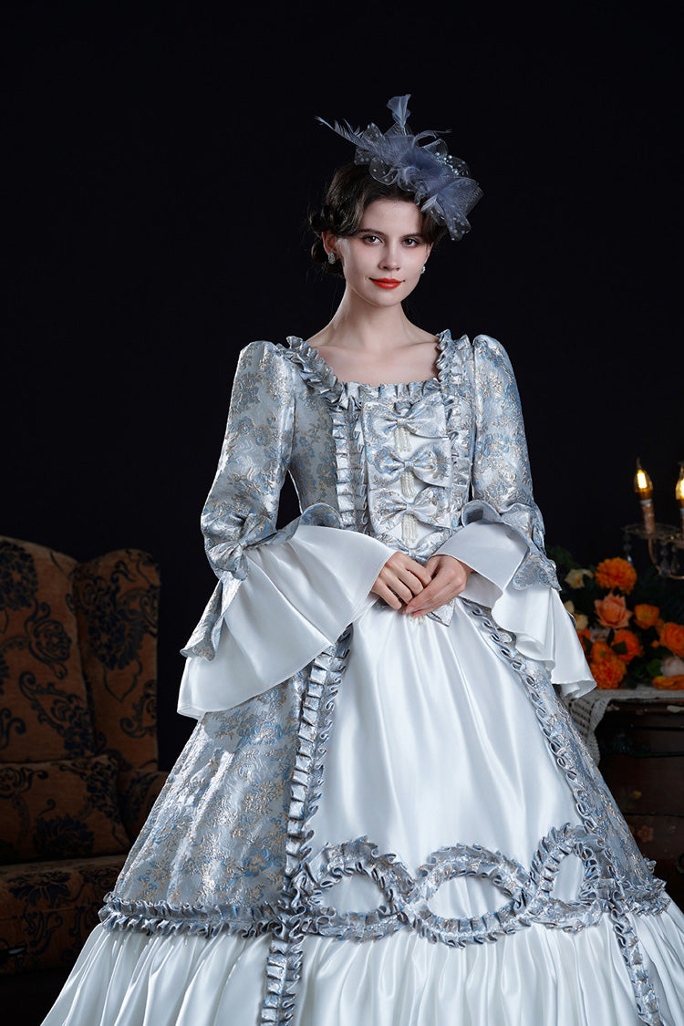 Blue Square Collar Long Trumpet Sleeves Double-Layered Ruffled Embroidered Open-Front Bow Classic Vintage Palace Lolita Victorian Dress - Product - 8