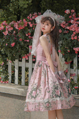 Pink Elegant Vintage French Rose Floral Print V Collar Sleeveless Ruffled Classic Lolita JSK Dress - Product - 6