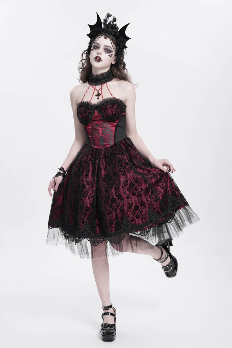 Red Halterneck Skeleton Print Embroidery Stitching Lace Women's Gothic Dress - Product - 8