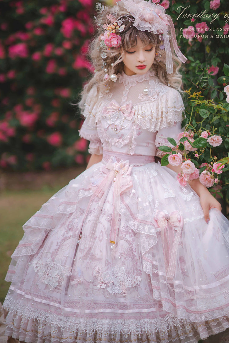 White/Pink [Realm of Sunset] Short Sleeves Printed Ruffled Hanayome Bow Lace Gorgeous Sweet Lolita Dress Set - Product - 2