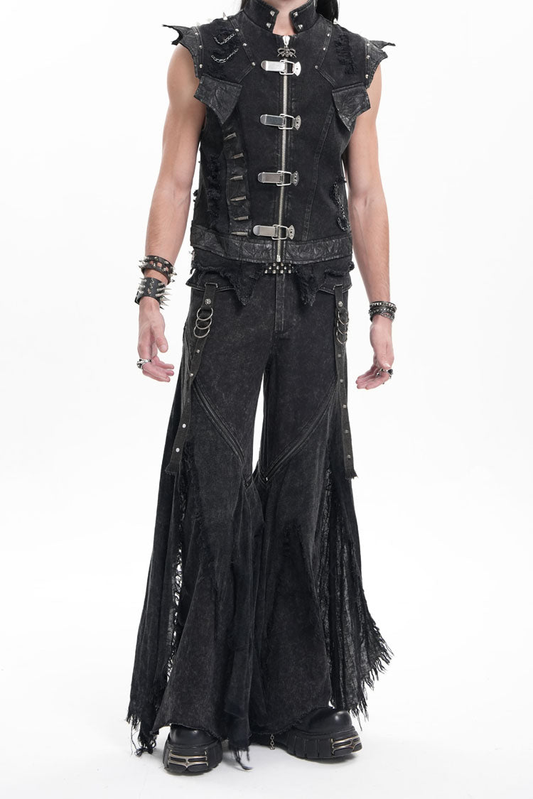 Black Ripped Rings Studs Men's Gothic Pants - Product - 8