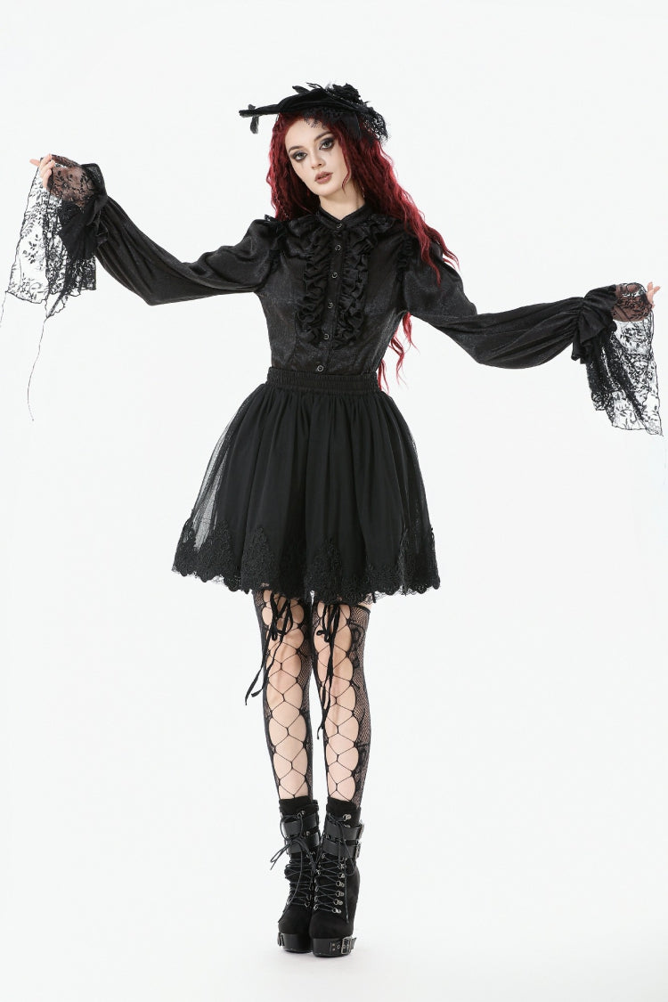 Black Long Lantern Sleeves Ruffled Spliced Lace Women's Gothic Blouse - Product - 10