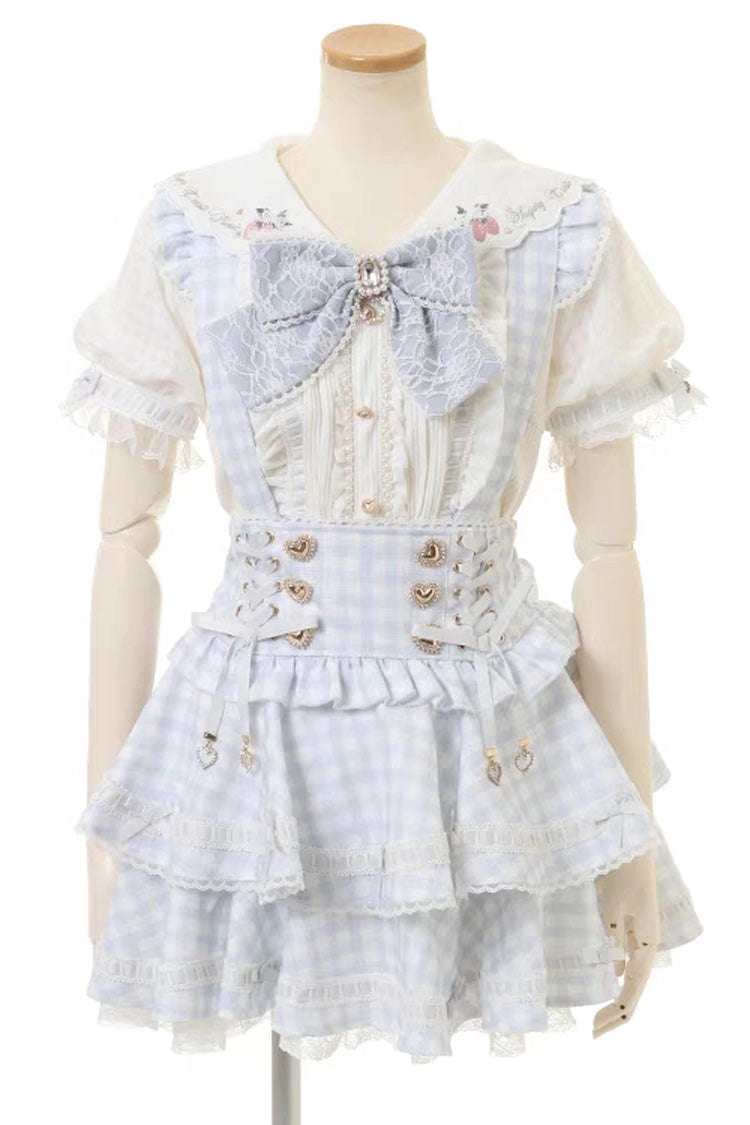 Sweet Multi-Layered Plaid Printed Ruffled Bow Lace-Up Jirai Kei Plus Size Japanese College Style Skirt 3 Colors - Blue(Skirt-Only) - 10