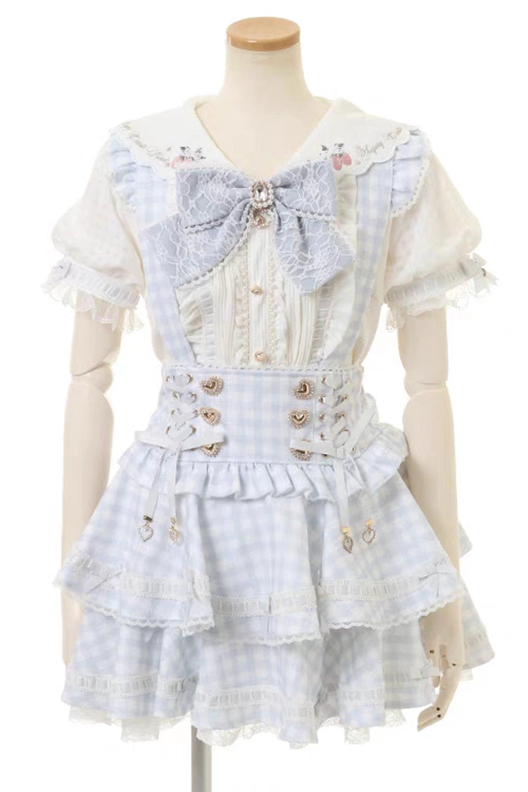 Sweet Multi-Layered Plaid Printed Ruffled Bow Lace-Up Jirai Kei Plus Size Japanese College Style Skirt 3 Colors - Blue(Skirt-Only) - 10