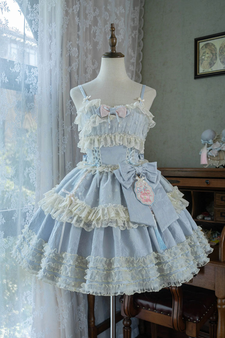 [Good Night, Peach] Sleeveless Multi-Layered Ruffled Bow Lace Sweet Chinese Style Lolita Jsk Dress 3 Colors - Blue - 2