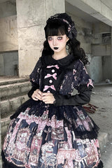 Black [The Case of the Missing Lamb] Print Long Sleeves Ruffle Bowknot Lace Gothic Lolita Dress - Product - 10