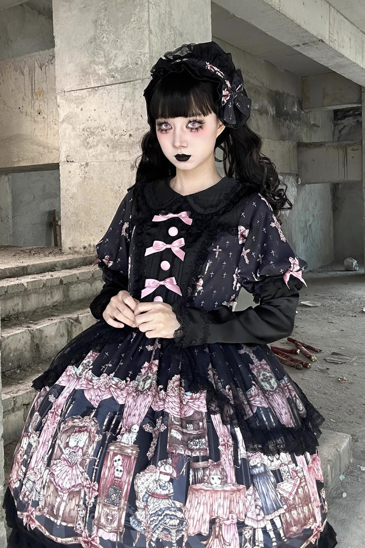 Black [The Case of the Missing Lamb] Print Long Sleeves Ruffle Bowknot Lace Gothic Lolita Dress - Product - 10
