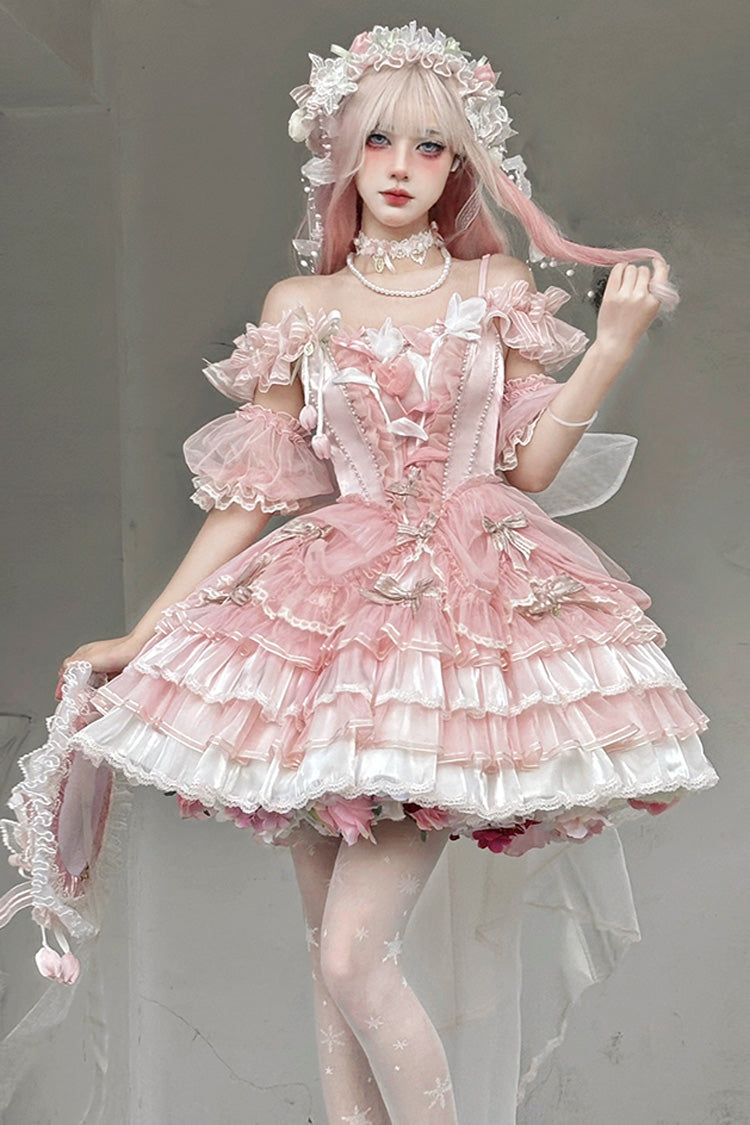Pink [Tulip and Wind Chime] Multi-Layered Ruffle Bowknot Lace Sweet Gorgeous Lolita Jsk Dress - Pink - 1