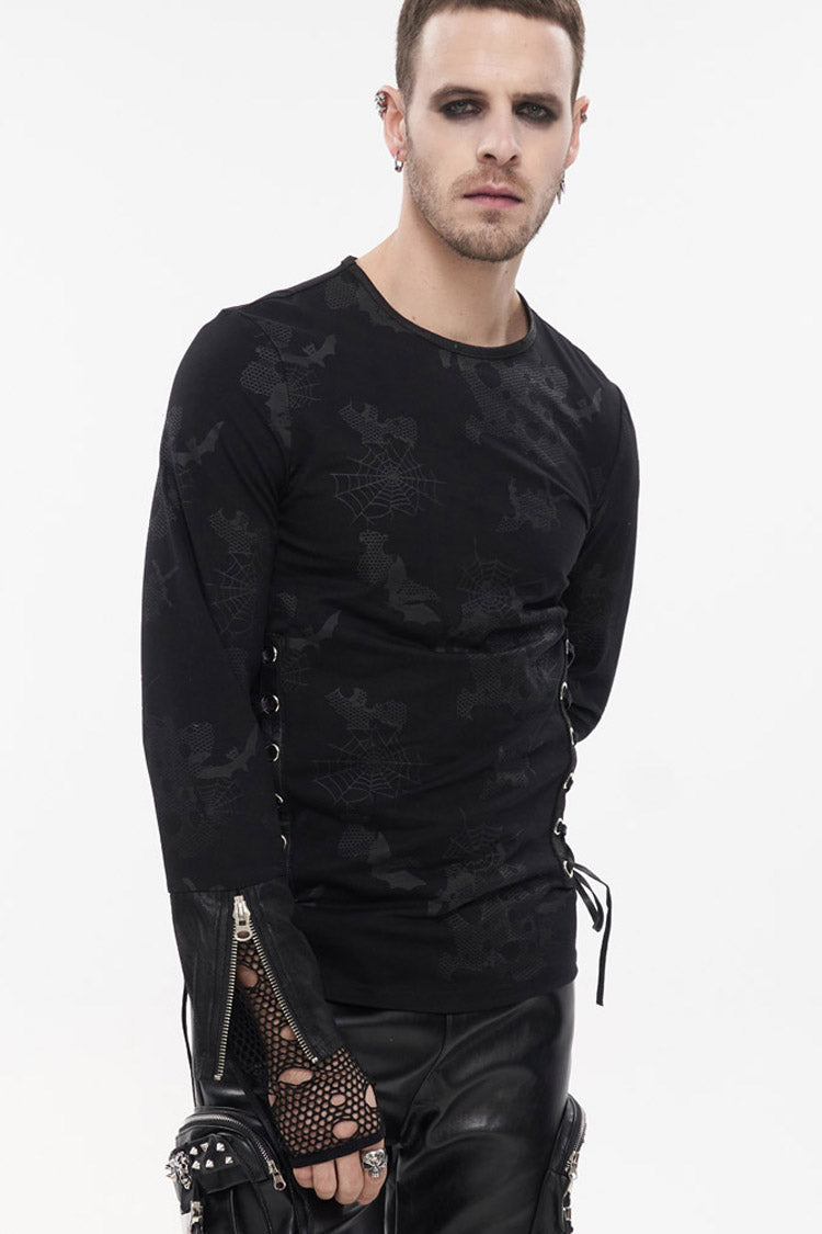 Black Punk Long Sleeve Knit Broken Holes Spider Web Print Crew Neck Men's Shirt - Product - 3