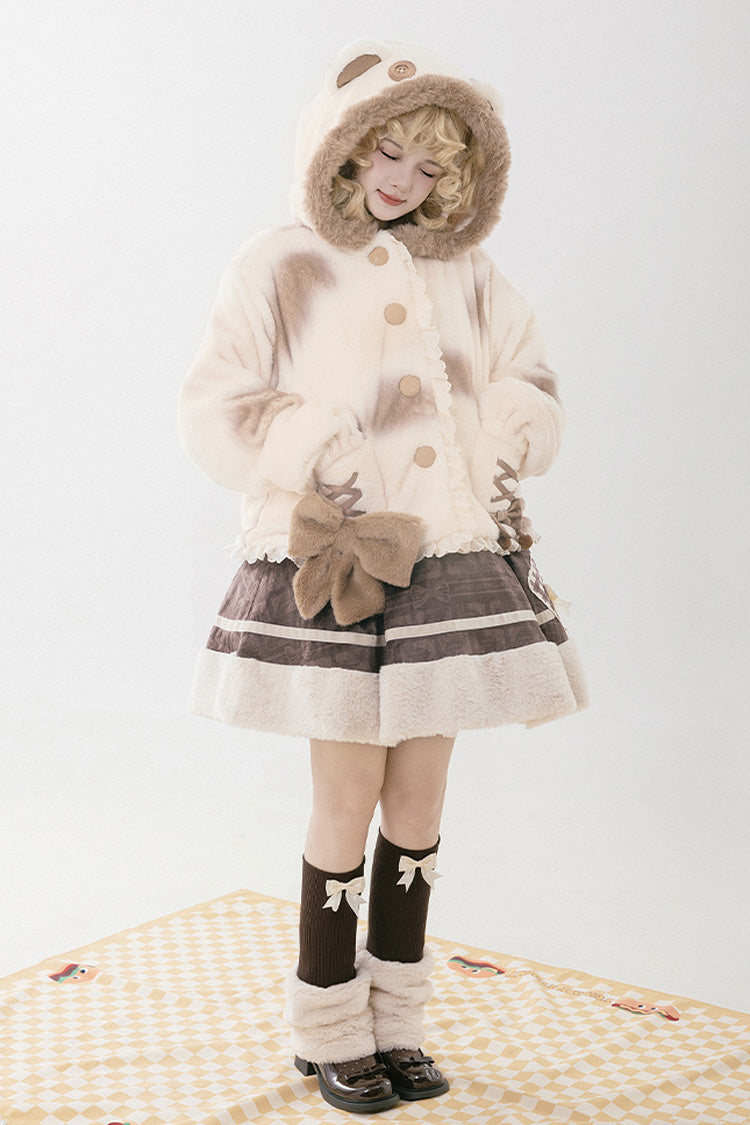 Ivory [Mocha Bear] Print Bowknot Hooded Sweet Lolita Coat - Product - 5