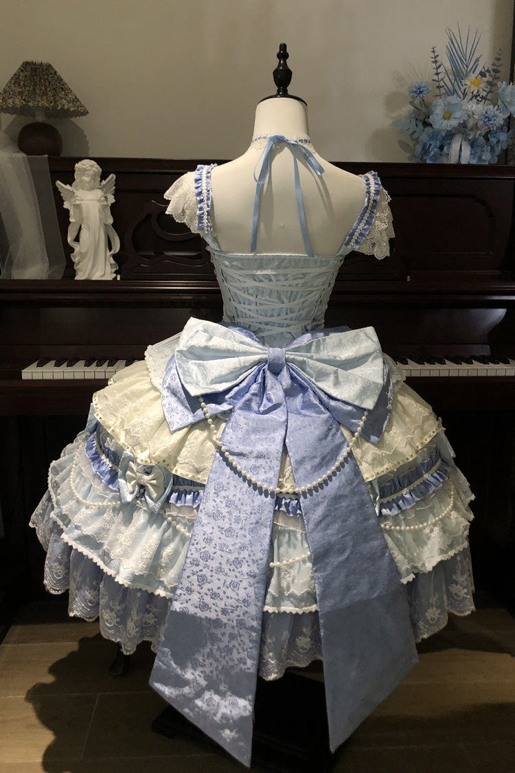 Blue [Falling Sakura] Multi-Layered Ruffled Hanayome Bow Lace Sweet Plus Size Princess Lolita Jsk Dress - Product - 9