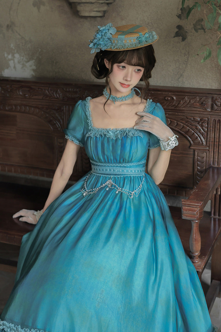 Blue/Green [Water Lily] Square Collar Ruffled Lace-Up Sweet Royal Lolita Dress 2 Versions - Product - 22