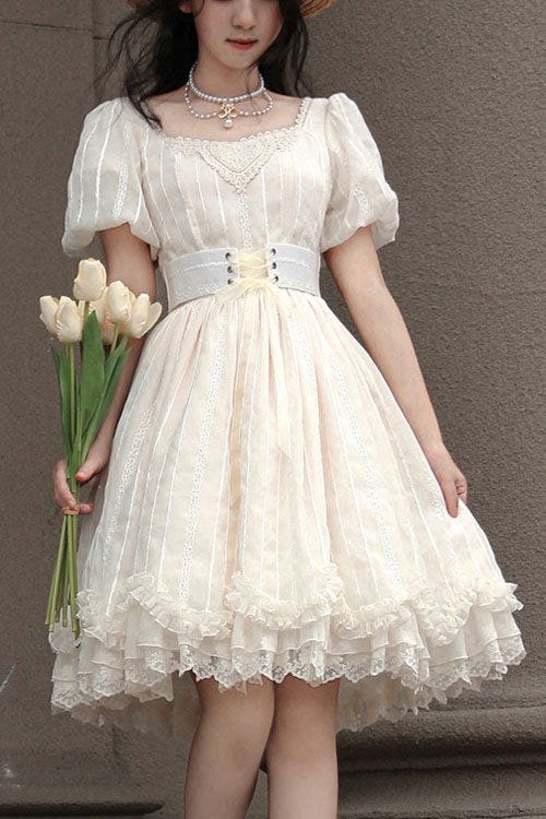 Elegant Vintage Tulip Square Collar Lantern Sleeves Multi-Layer Ruffled Classic Lolita OP Dress Short Version - Ivory - 1