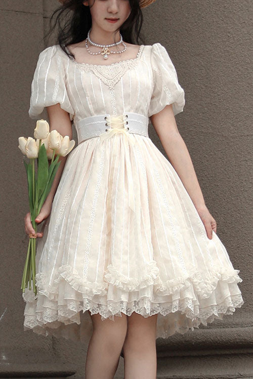 Elegant Vintage Tulip Square Collar Lantern Sleeves Multi-Layer Ruffled Classic Lolita OP Dress Short Version - Ivory - 1