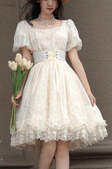 Elegant Vintage Tulip Square Collar Lantern Sleeves Multi-Layer Ruffled Classic Lolita OP Dress Short Version - Ivory - 1