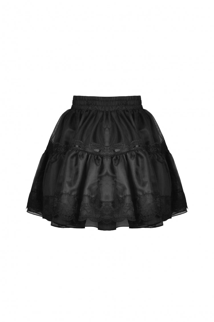 Black Women's Gothic Lolita Bowknot Multi-Layered Lace Trim Mini Skirt - Product - 10