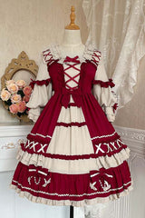 Square Neck Long Sleeve Ruffled Sweet Lolita OP Dress - Red - 1