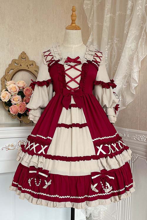 Square Neck Long Sleeve Ruffled Sweet Lolita OP Dress - Red - 1