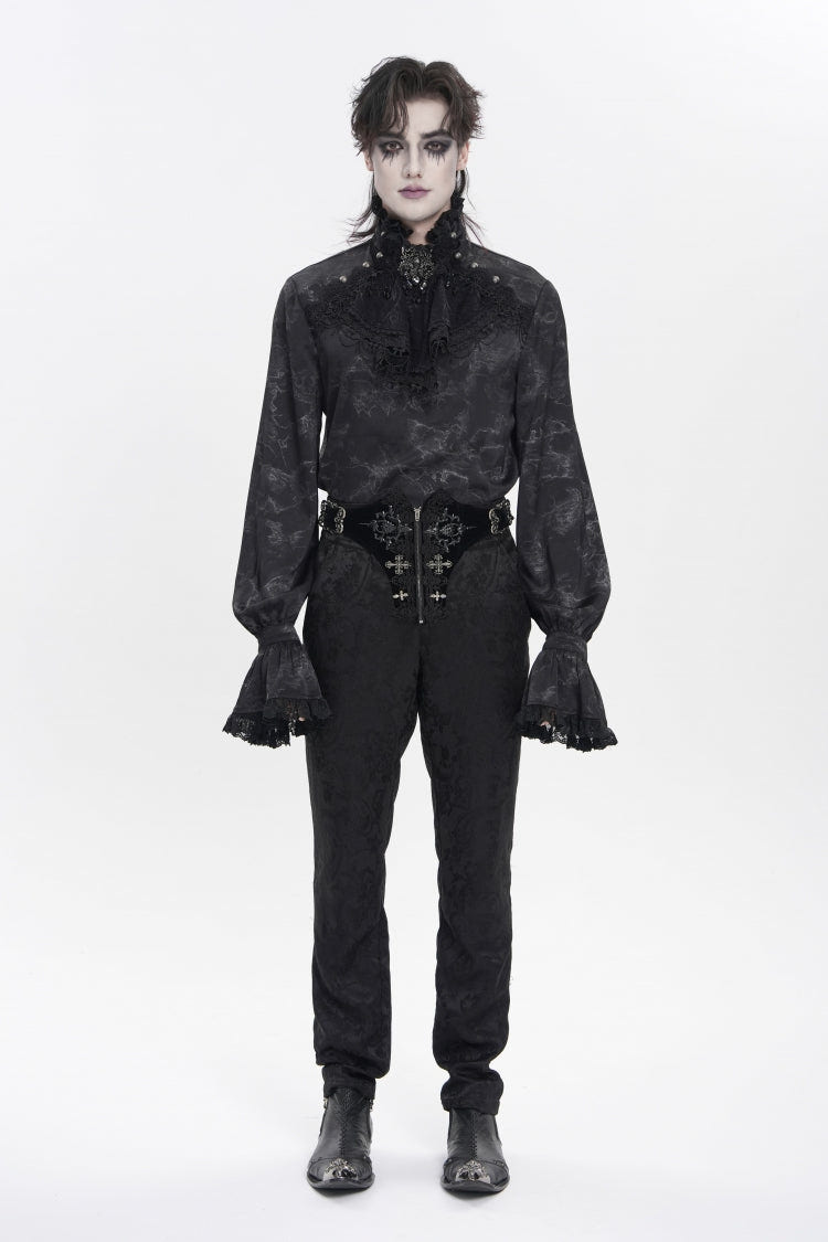 Black Stand Collar Long Trumpet Sleeves Printed Bow Lace Pearl-Decorated Men's Gothic Gorgeous Shirt - Product - 2