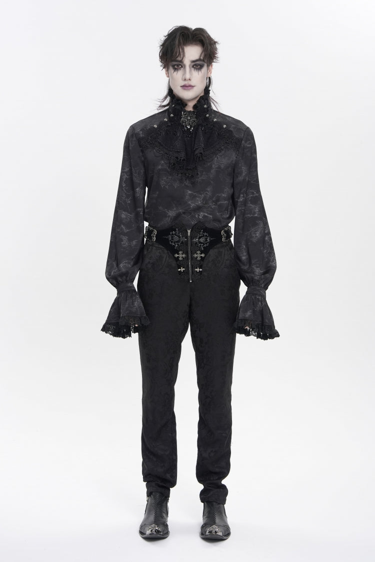 Black Stand Collar Long Trumpet Sleeves Printed Bow Lace Pearl-Decorated Men's Gothic Gorgeous Shirt - Product - 2
