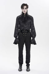 Black Stand Collar Long Trumpet Sleeves Printed Bow Lace Pearl-Decorated Men's Gothic Gorgeous Shirt - Product - 2