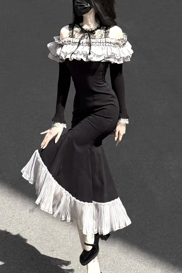 Black [Night Cherry Blossoms] Long Sleeves Ruffle Bowknot Daily Sweet Elegant Lolita Fishtail Dress - Product - 9