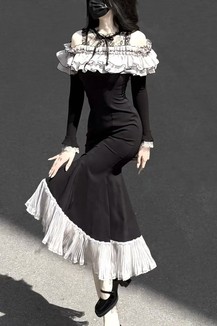 Black [Night Cherry Blossoms] Long Sleeves Ruffle Bowknot Daily Sweet Elegant Lolita Fishtail Dress - Product - 9