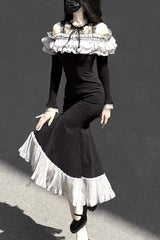 Black [Night Cherry Blossoms] Long Sleeves Ruffle Bowknot Daily Sweet Elegant Lolita Fishtail Dress - Product - 9