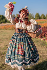 Green [Ode to Plenty] Berries and Birds Print Ruffle Bowknot Velvet Classic Lolita Breast Support Jsk Dress - Product - 2