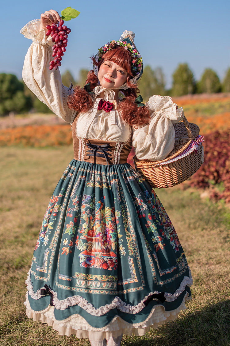 Green [Ode to Plenty] Berries and Birds Print Ruffle Bowknot Velvet Classic Lolita Breast Support Jsk Dress - Product - 2