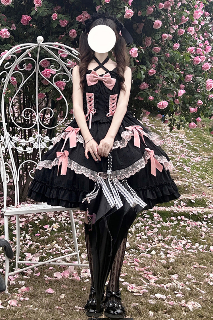 Black [Miss Pearl] Sleeveless Double-Layered Bowknot Lace Lace-Up Sweet Lolita Jsk Dress - Product - 4