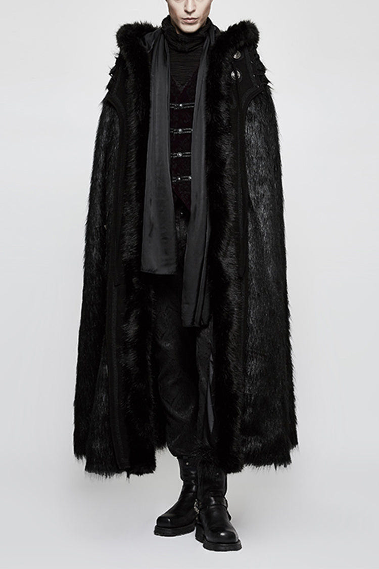Black Hooded Long Fur Mens Gothic Cloak - Black - 1