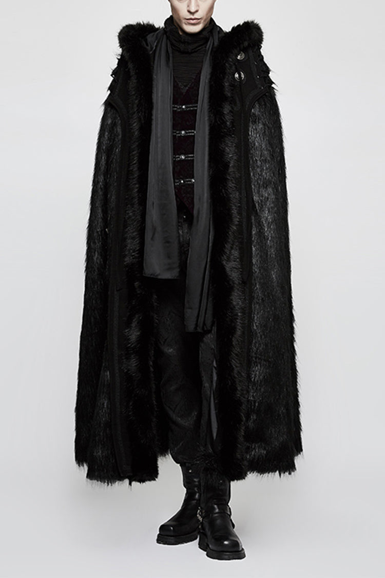 Black Hooded Long Fur Mens Gothic Cloak - Black - 1