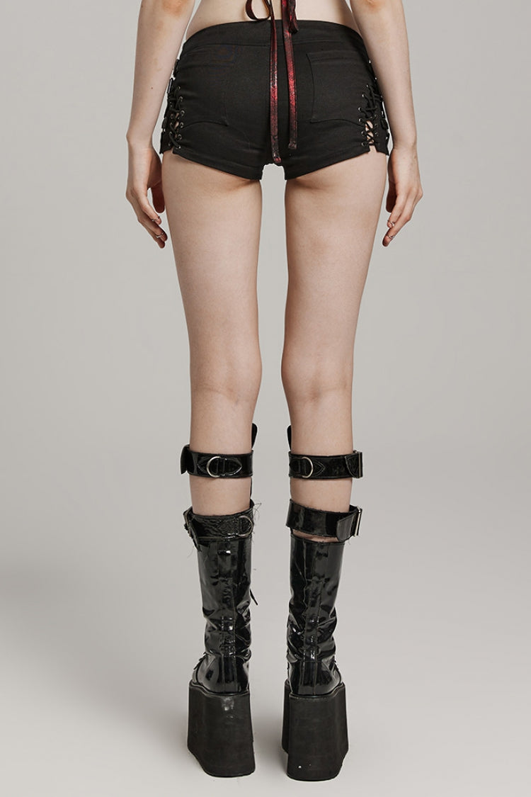 Black Lace-Up Mesh Buckle Women's Punk Shorts - Product - 3