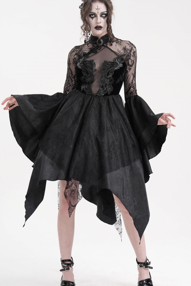 Black Long Sleeves Embroidery Lace Lace-Up Irregular Sheer Mesh Women's Gothic Dress - Product - 4