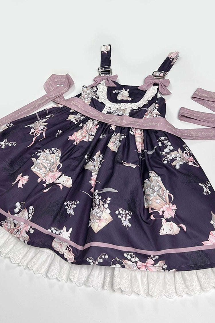 Pink [Lily of the Valley Rabbit] Sleeveless Print Ruffle Bowknot Daily Sweet Lolita Strap Dress - Purple - 6