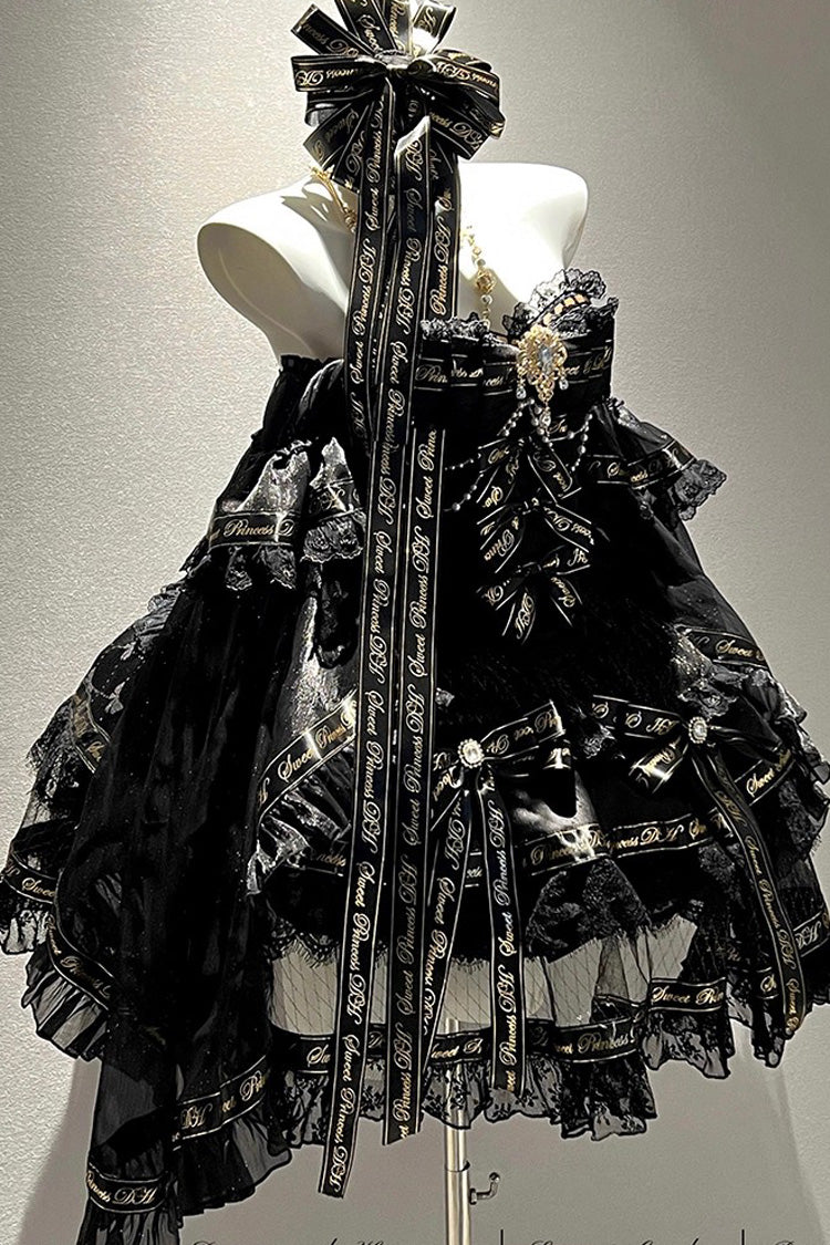 Black [Golden Obsidian Night] Sleeveless Double-Layered Ruffle Bowknot Pearl Gothic Princess Lolita Dress - Product - 3