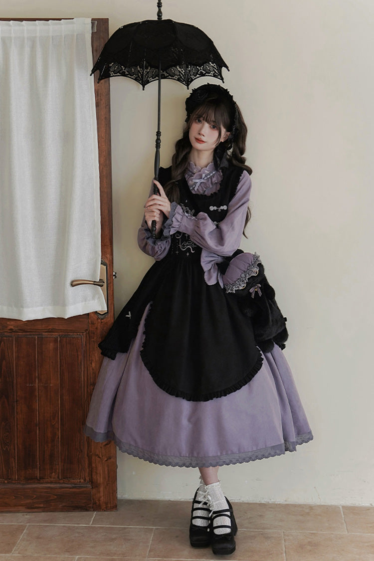 Black/Purple Petal Collar Drawstring Long Sleeves Embroidery Sweet Chinese Style Lolita Dress Two-piece Set - Product - 5