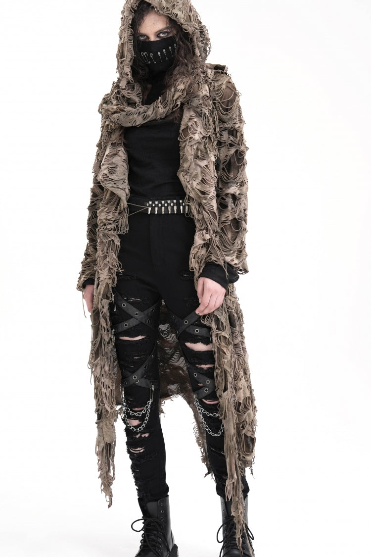 Brown Long Sleeves Hooded Women's Punk Eyelets Zip Cape - Product - 5