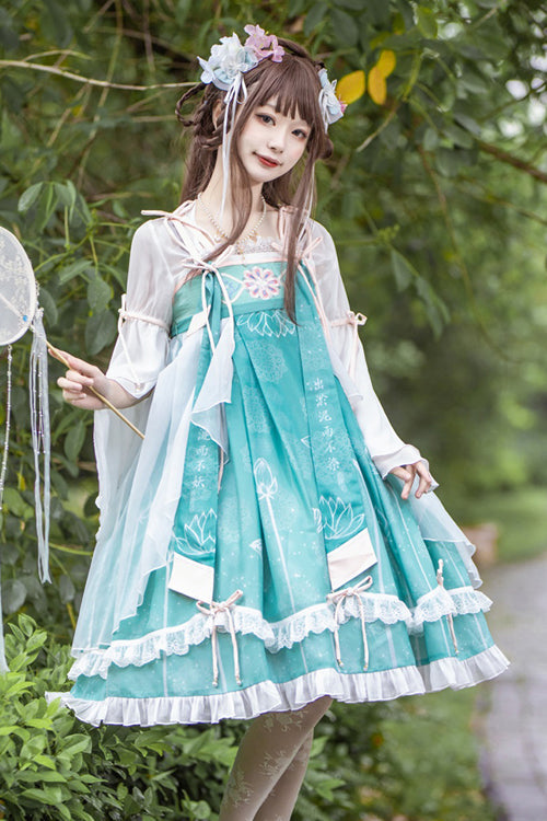 Original Chinese Han Elements Improved Lotus Print Sweet Hanfu Dress Full Set - Green - 7