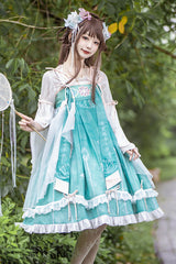 Original Chinese Han Elements Improved Lotus Print Sweet Hanfu Dress Full Set - Green - 7