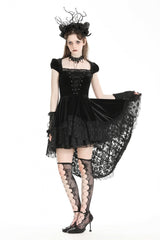 Black Square Collar Cap Sleeves Lace-Up High/Low Lace Ruffled Women's Gothic Princess Velvet Dress - Product - 6