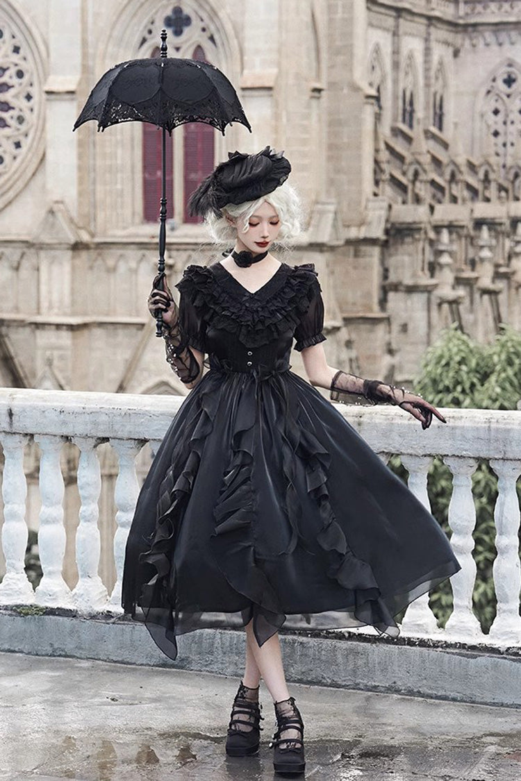 Black V-Neck Lace Cla Daily Short Puff Sleeves Gothic Lolita Dress - Product - 6